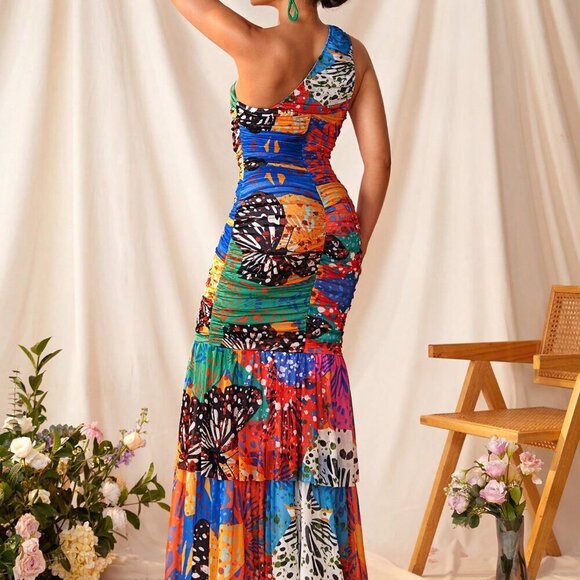 Multicolor Elegant Women's Sexy Sheer Mesh Printed One Shoulder Sleeveless Dress - Picture 2 of 7